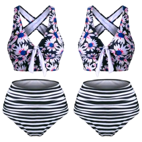 Criss Cross Bikini Set ✦ Floral Tankini Top + Striped High Waist Bottoms ✦ S NWT - Picture 5 of 12